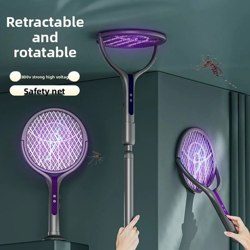 6 in 1 Retractable Mosquito Killer Swatter Racket Electric Fly Trap Bug Lamp Bat for Home House Zapper Insect Extendable Handle