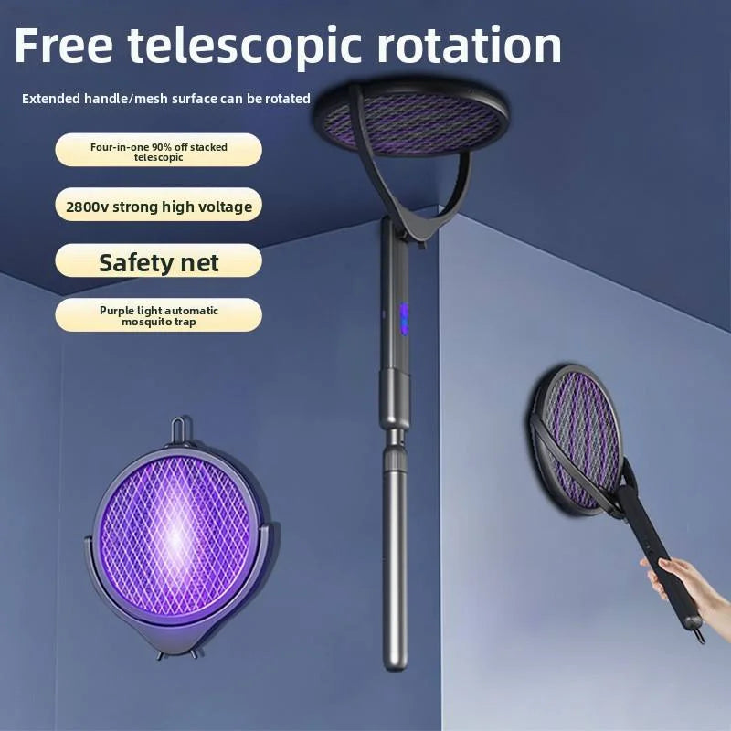 6 in 1 Retractable Mosquito Killer Swatter Racket Electric Fly Trap Bug Lamp Bat for Home House Zapper Insect Extendable Handle